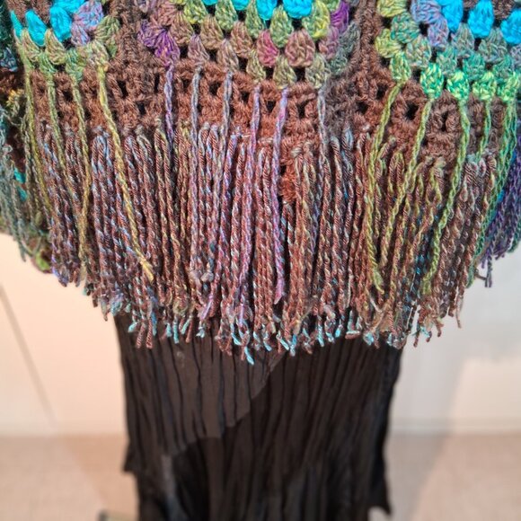 My Fairy Forrest Brown Green Turquoise Granny Square Super Fringe Sweater L/XL - Picture 14 of 16